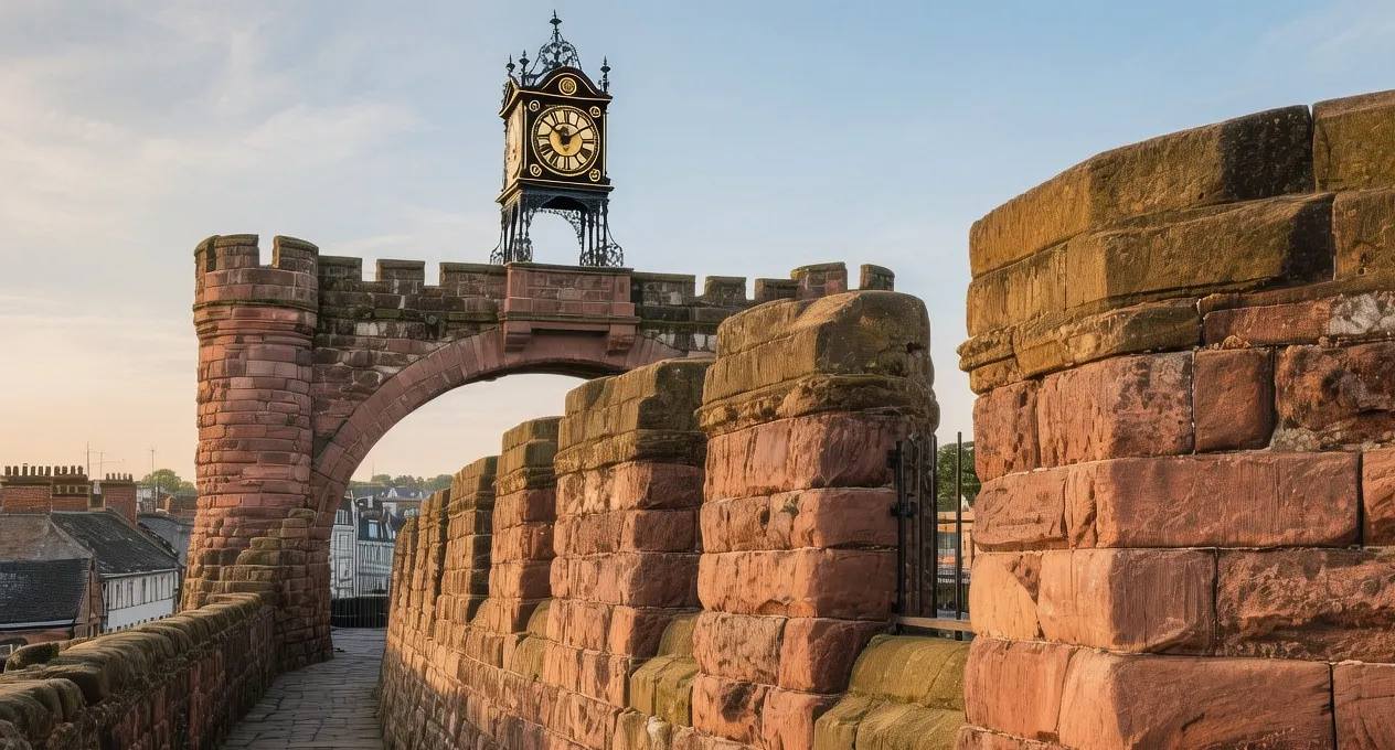 Chester Roman Walls red sandstone circuit overlooking city rooftops at golden hour in Cheshire England