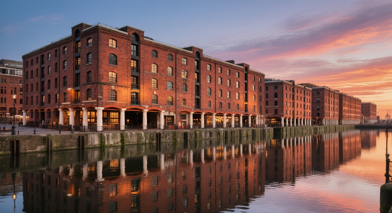 Albert Dock red brick warehouses reflecting in Mersey River water at golden hour with boats in Liverpool England