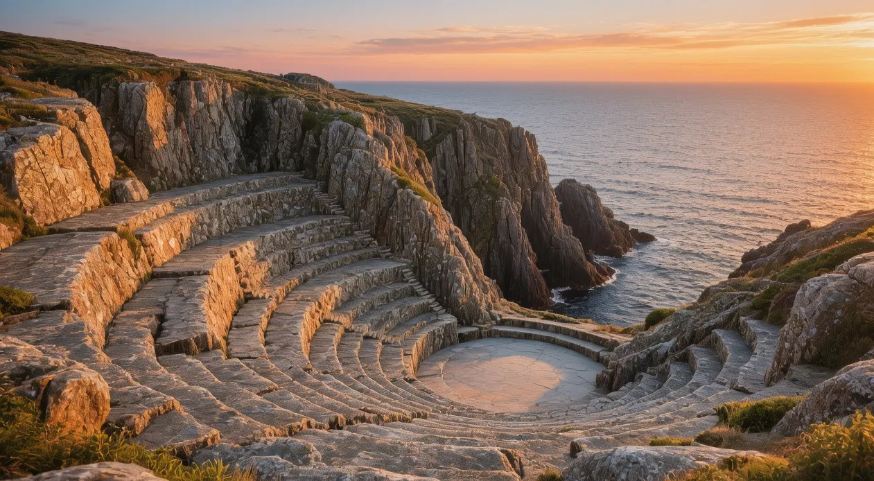 Minack Theatre carved into granite cliffs overlooking Atlantic Ocean at sunset in Porthcurno Cornwall England