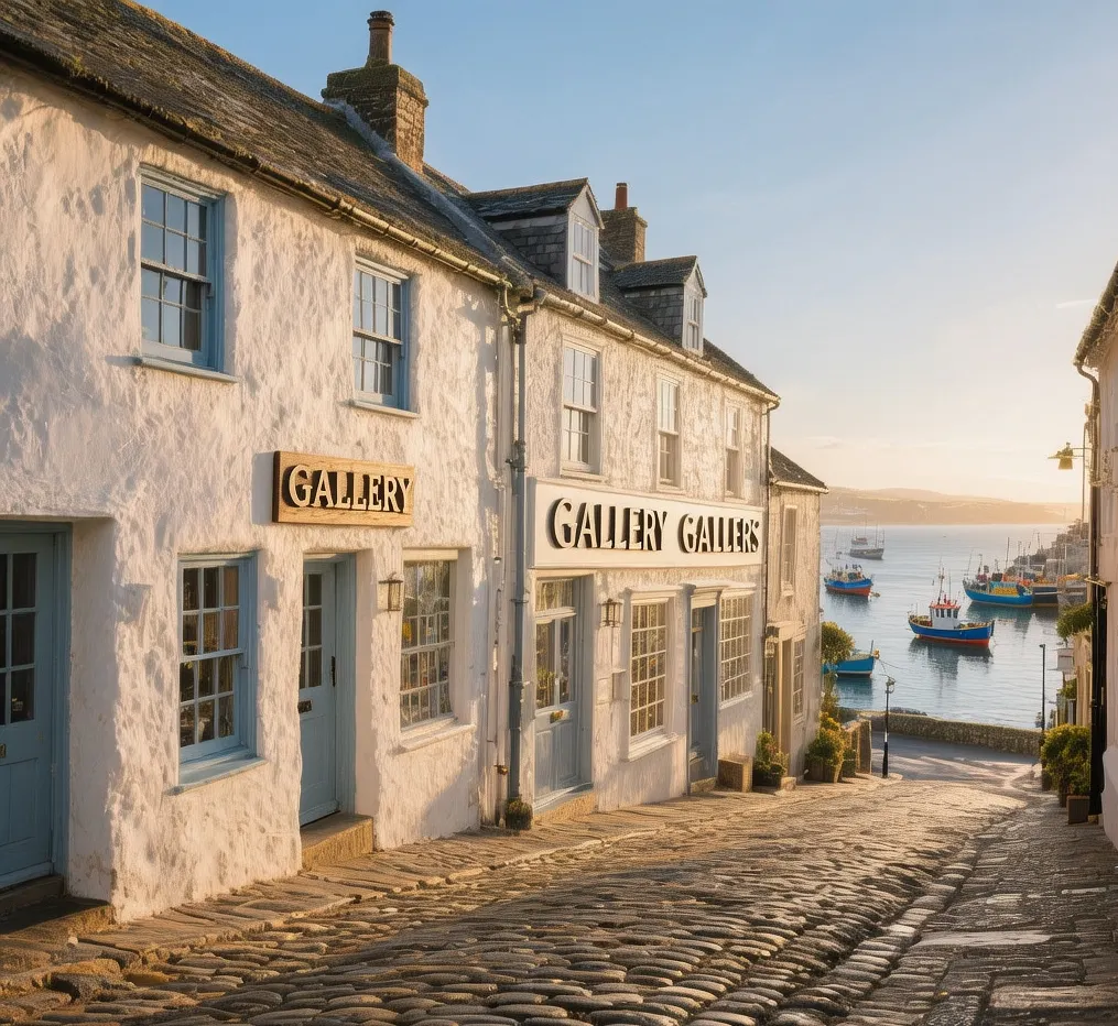 St Ives art galleries bathed in golden morning light with harbor views and cobblestone streets in Cornwall England