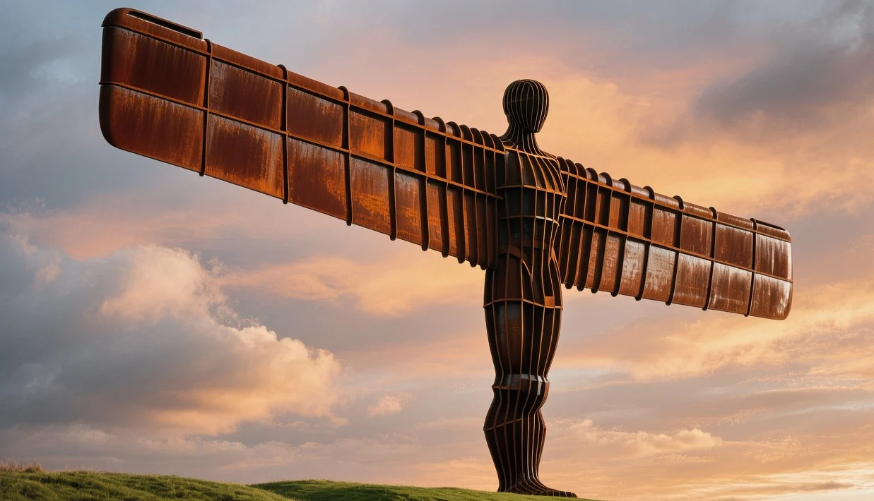 Angel of the North steel sculpture at sunset with rust-colored patina, green hills, and cloudy sky in Gateshead England