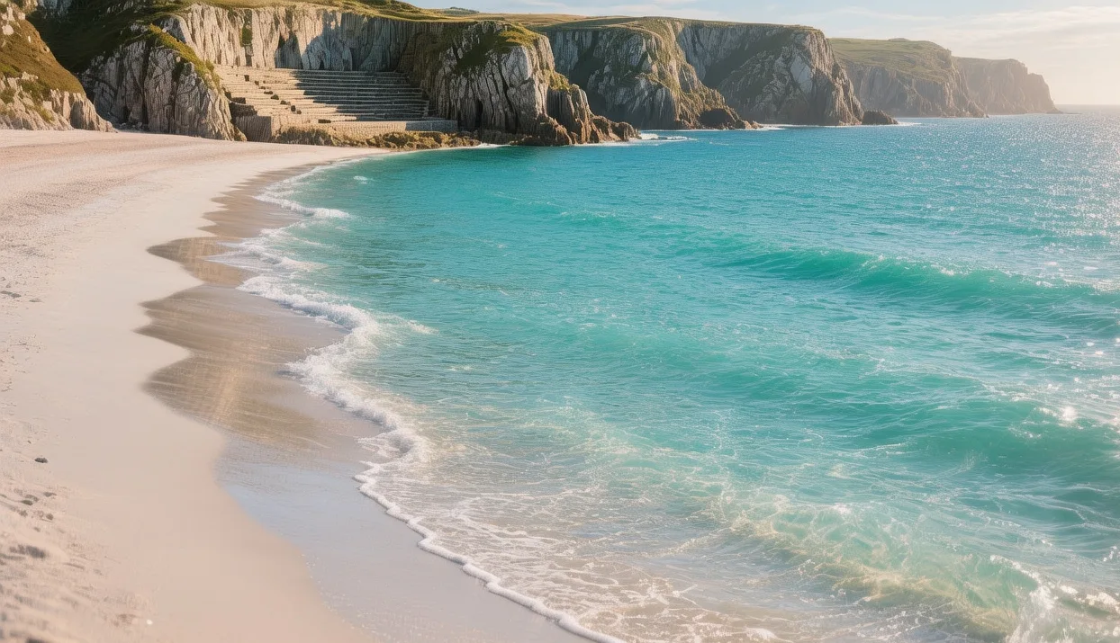 Porthcurno beach turquoise water lapping against white sand with Minack Theatre cliffs visible in background Cornwall England