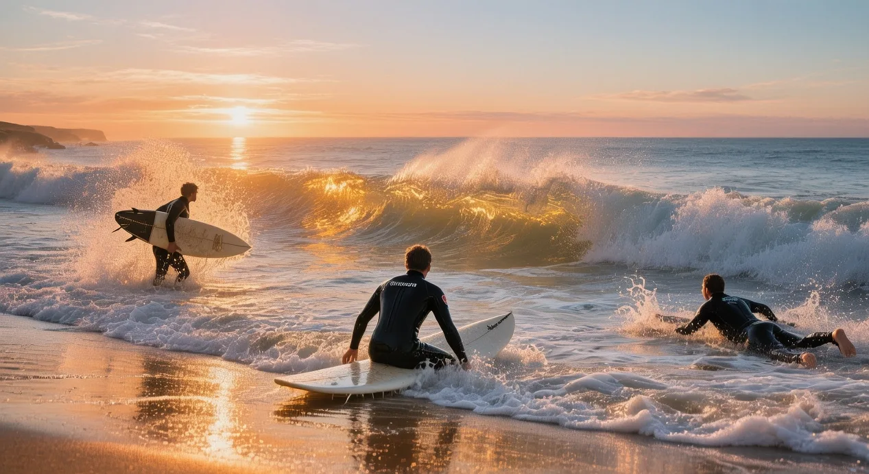 Newquay surfing beaches with golden waves breaking on Fistral Beach at sunrise with surfers in wetsuits Cornwall England
