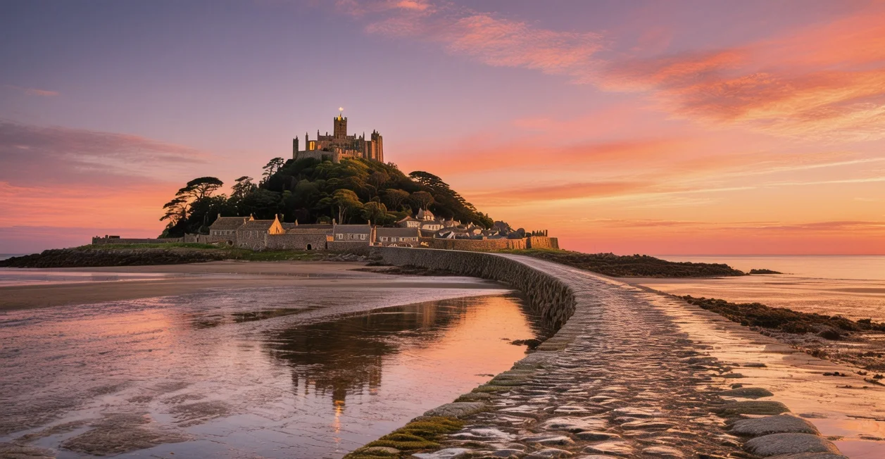 St. Michael's Mount tidal island castle at sunset with granite causeway exposed in Marazion Cornwall England