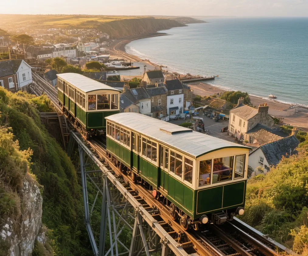 Lynton and Lynmouth Cliff Railway cars ascending steep hillside overlooking Bristol Channel in North Devon England