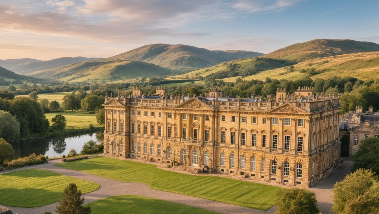 Golden autumn sunlight illuminating Chatsworth House stone facade reflecting in River Derwent with Peak District hills background