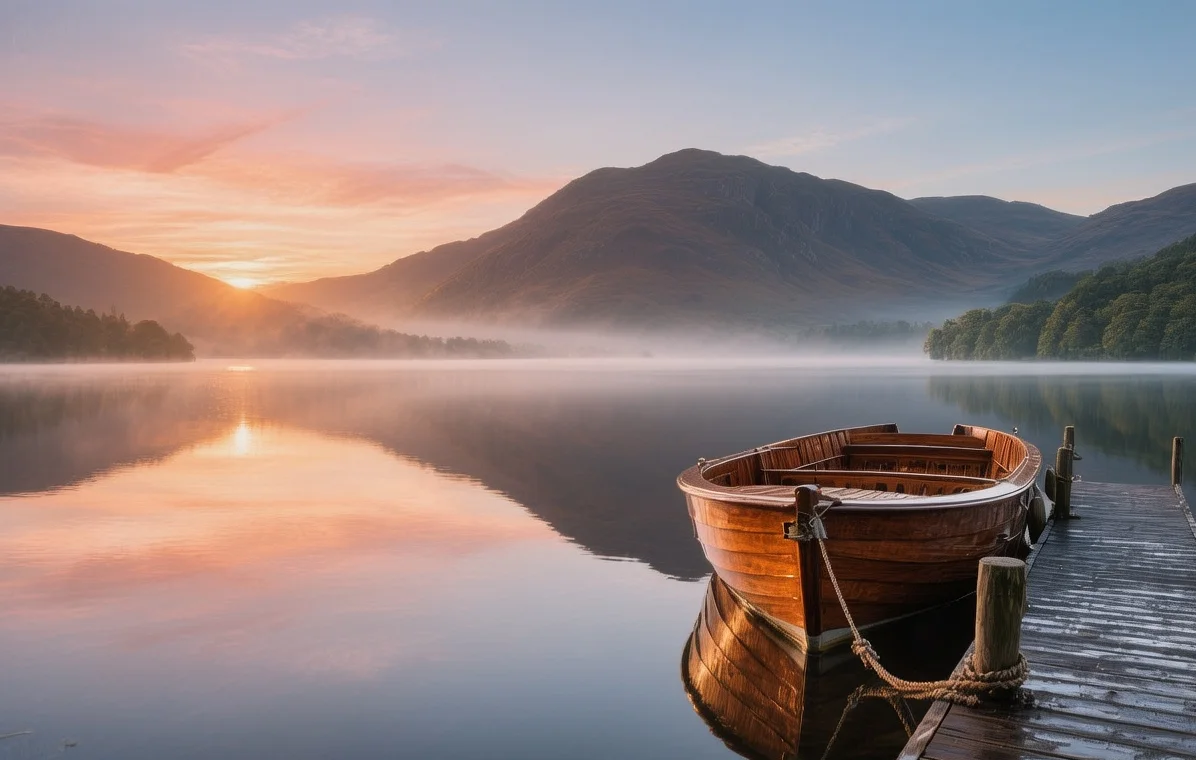 Derwentwater Lake at sunrise with Catbells fell reflection, misty water, wooden launch boat docked at Keswick jetty in Lake District
