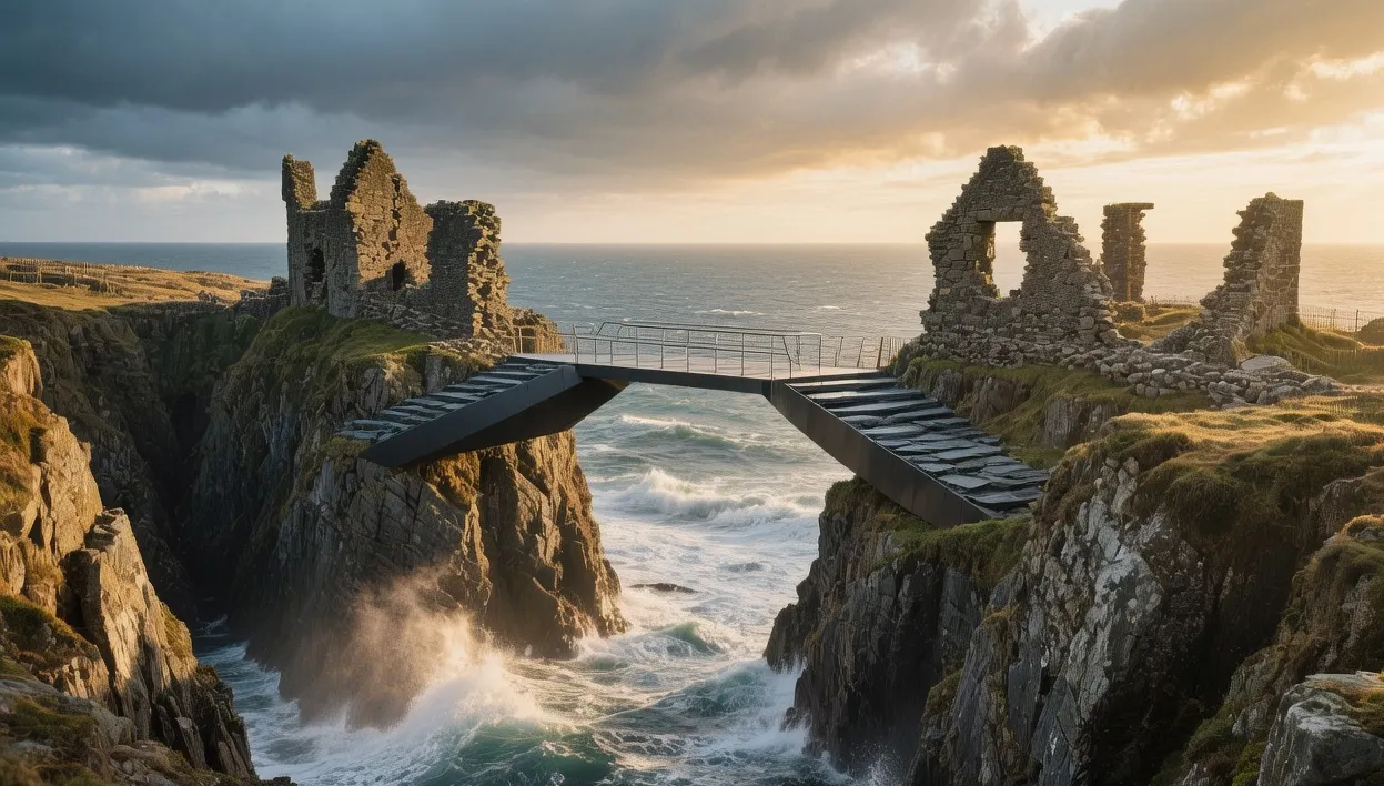 Tintagel Castle ruins on dramatic cliffs overlooking Atlantic Ocean with new footbridge visible in Cornwall England