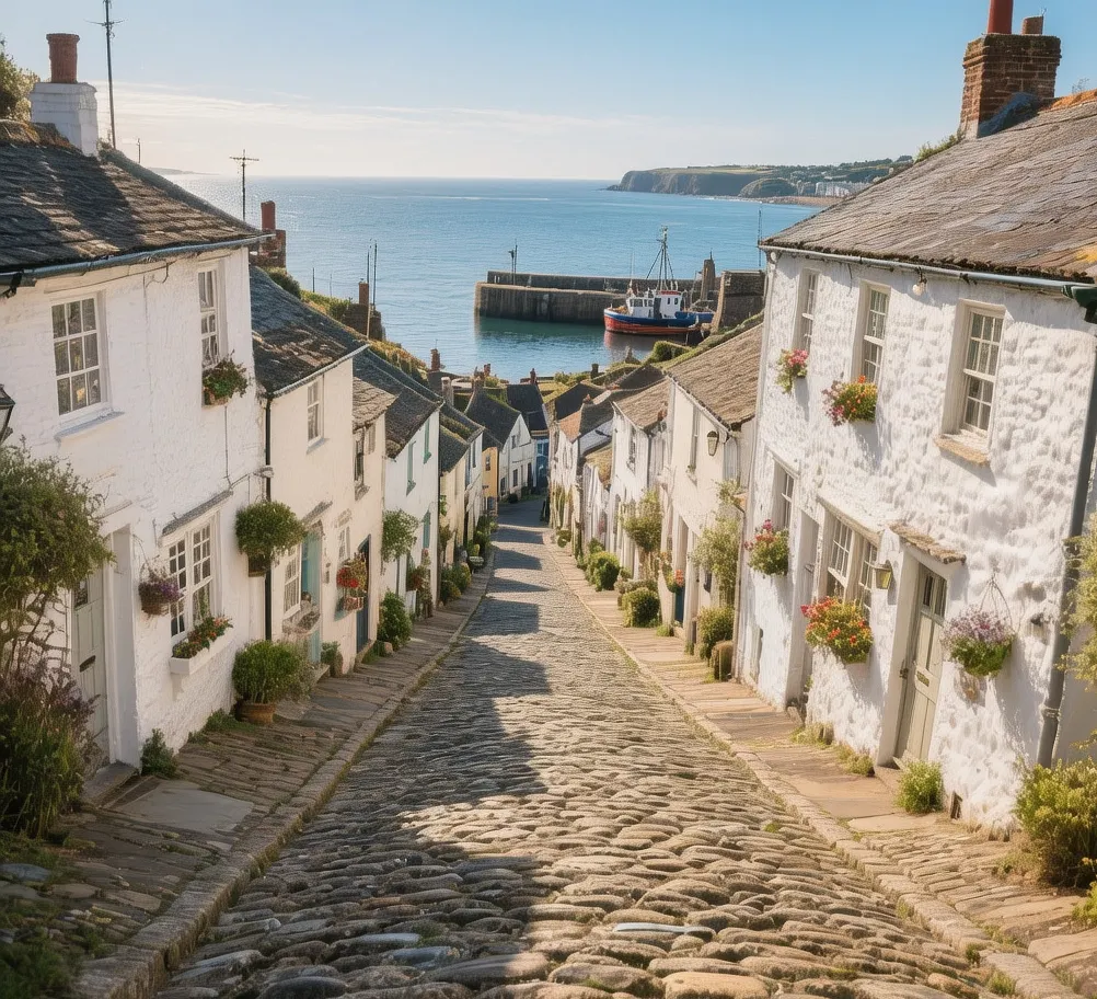 Clovelly cliff village steep cobbled street descending to harbor with whitewashed cottages in North Devon England