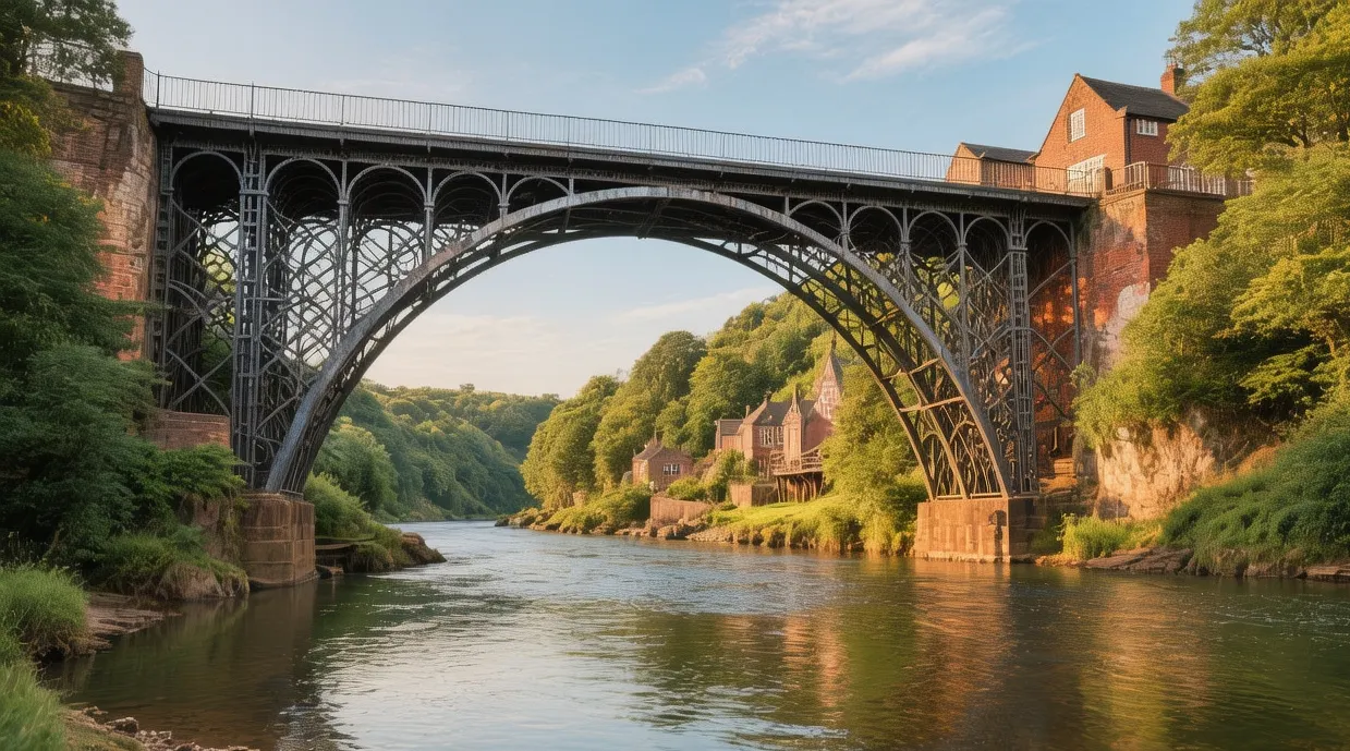 Ironbridge Gorge cast iron bridge spanning River Severn at sunrise with historic buildings in Shropshire England