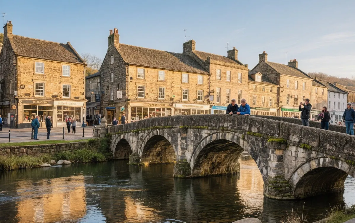 Sunlit stone buildings lining River Wye in Bakewell market square with historic bridge and tourists enjoying morning light