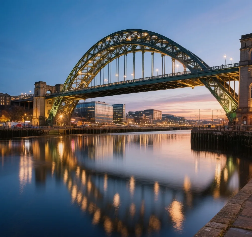 Newcastle Quayside at twilight with Tyne Bridge illuminated, River Tyne reflections, and modern skyline in North East England