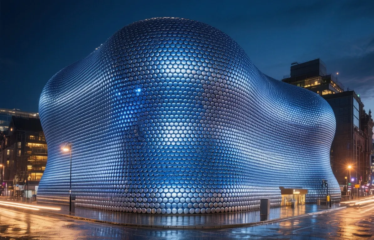 Birmingham Bullring Selfridges building with blue aluminum discs glowing under evening city lights in England