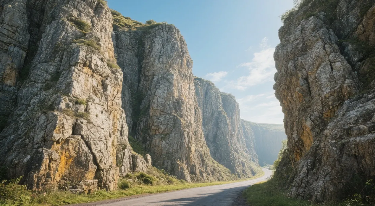 Cheddar Gorge limestone cliffs rising above green valley floor with mist clinging to rock faces at dawn in Somerset England