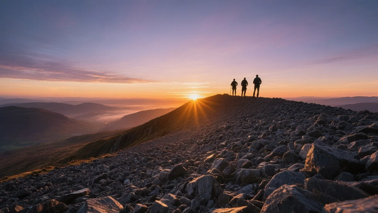 Scafell Pike summit at sunrise with rocky scree, distant Wasdale Head valley, hikers silhouetted against morning sky in Lake District