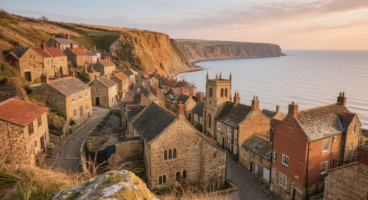 Robin Hood's Bay village at dawn with red-tiled cottages, narrow cobbled streets, North Sea waves crashing on beach in North Yorkshire
