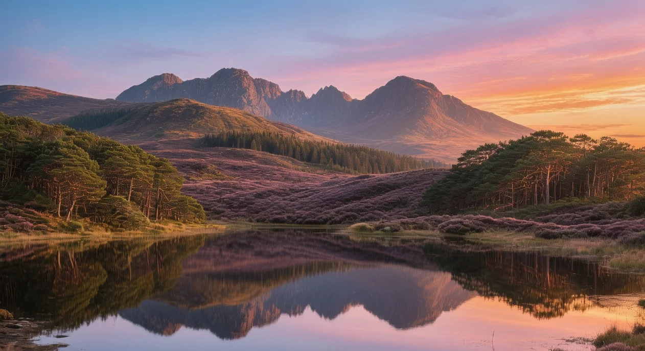 Cairngorms National Park mountain landscape at sunrise with heather covered hills, loch reflection, and pine forest in Scottish Highlands