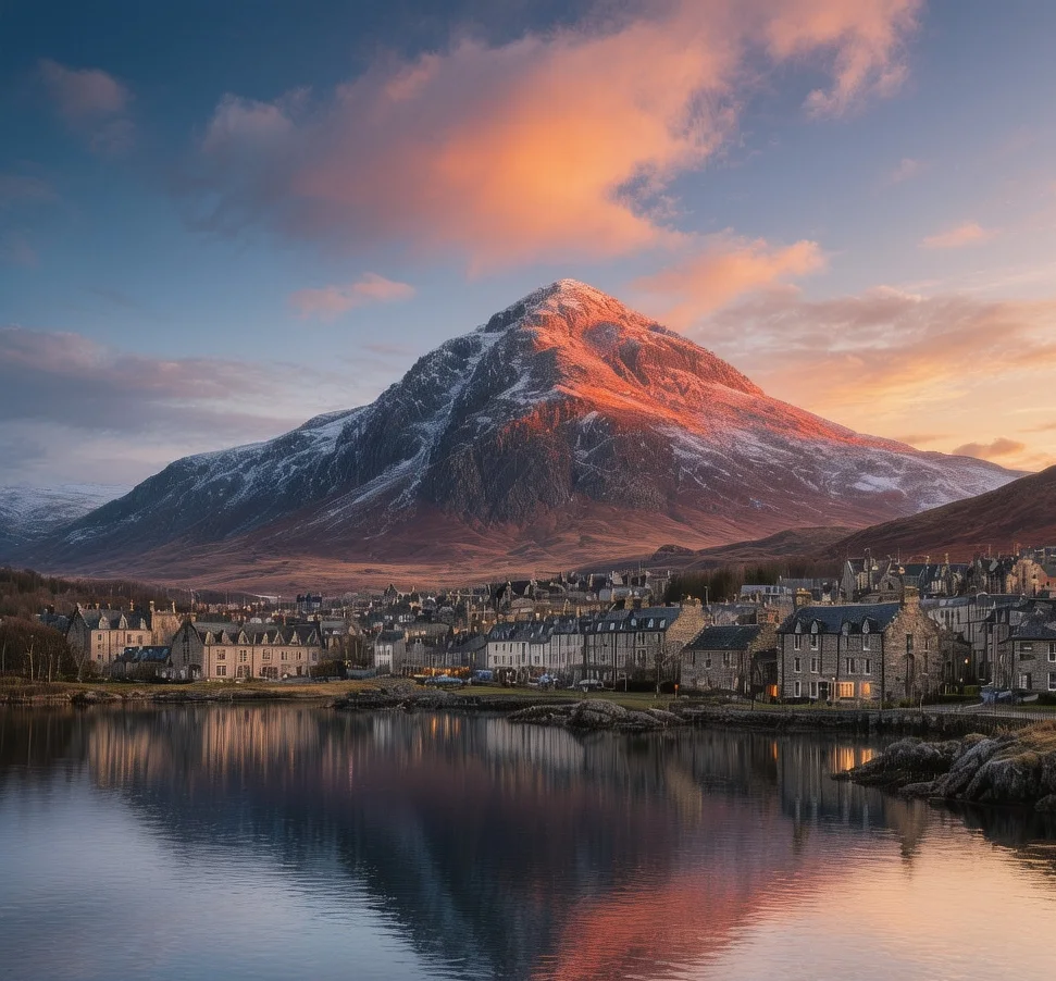 Fort William town at sunrise with Ben Nevis mountain peak, Loch Linnhe waters, and Highland clouds in Scotland