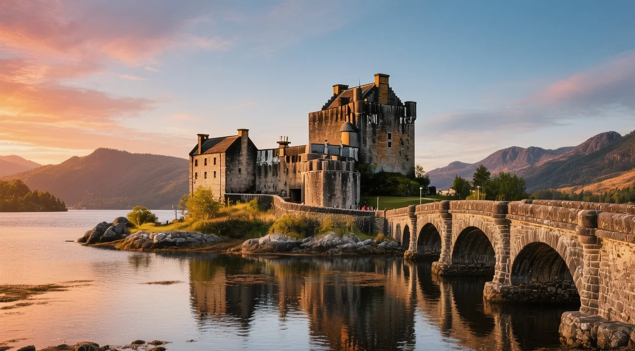 Eilean Donan Castle on tidal island at sunset with stone bridge, Highland mountains backdrop, and reflective waters in Scotland