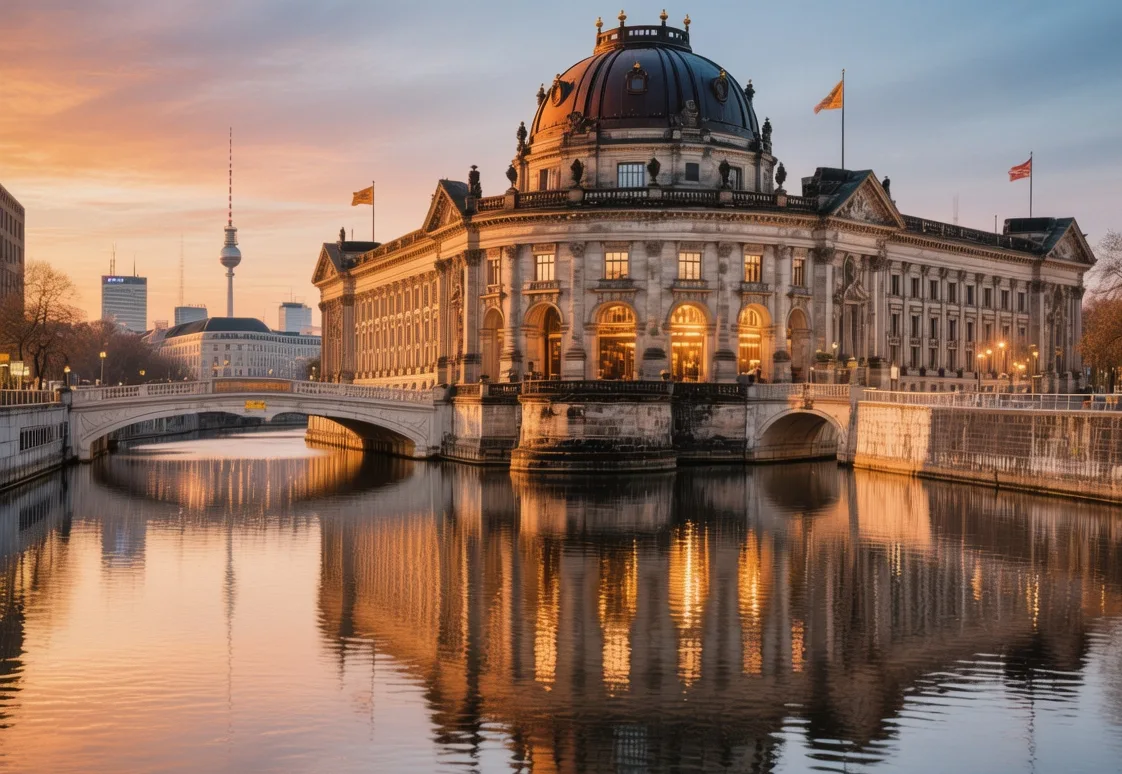 Museum Island museums at golden hour with neoclassical architecture, Spree River reflection, and Berlin skyline in Germany