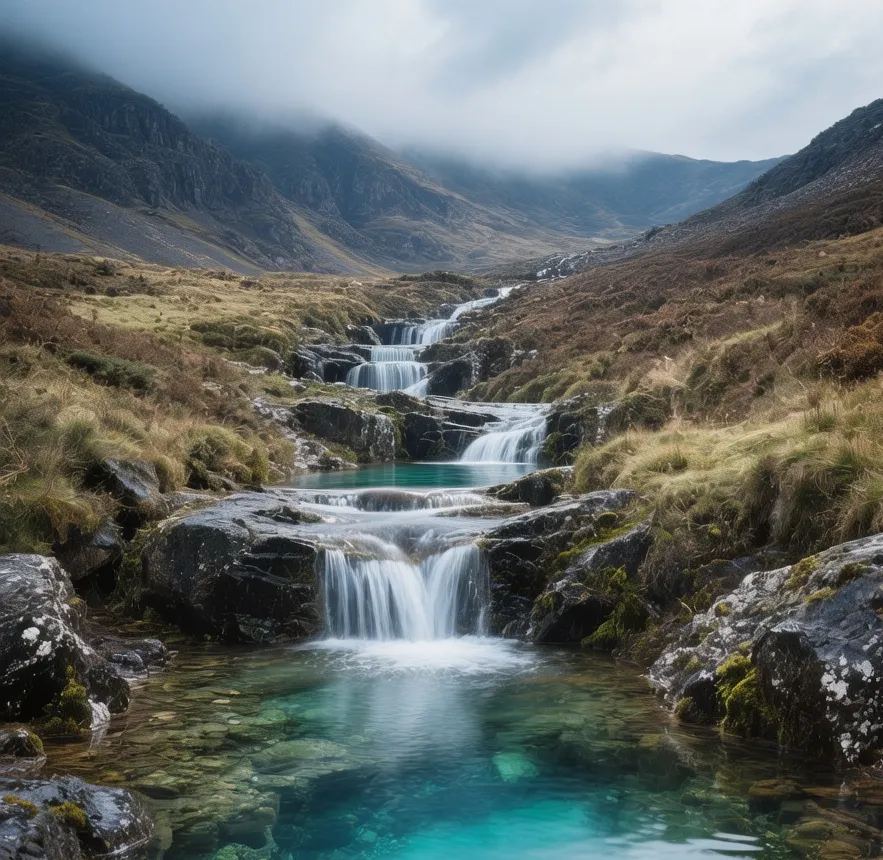 Turquoise Fairy Pools waterfalls at sunrise with misty Cuillin mountains backdrop and hikers on rocky path in Isle of Skye Scotland