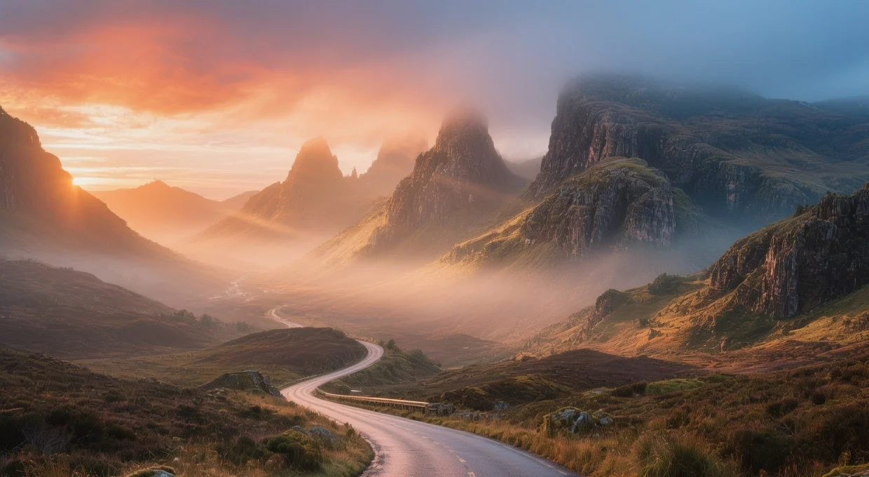 Dramatic Glencoe valley at sunrise with misty peaks, Three Sisters mountains, and Highland road winding through Scotland