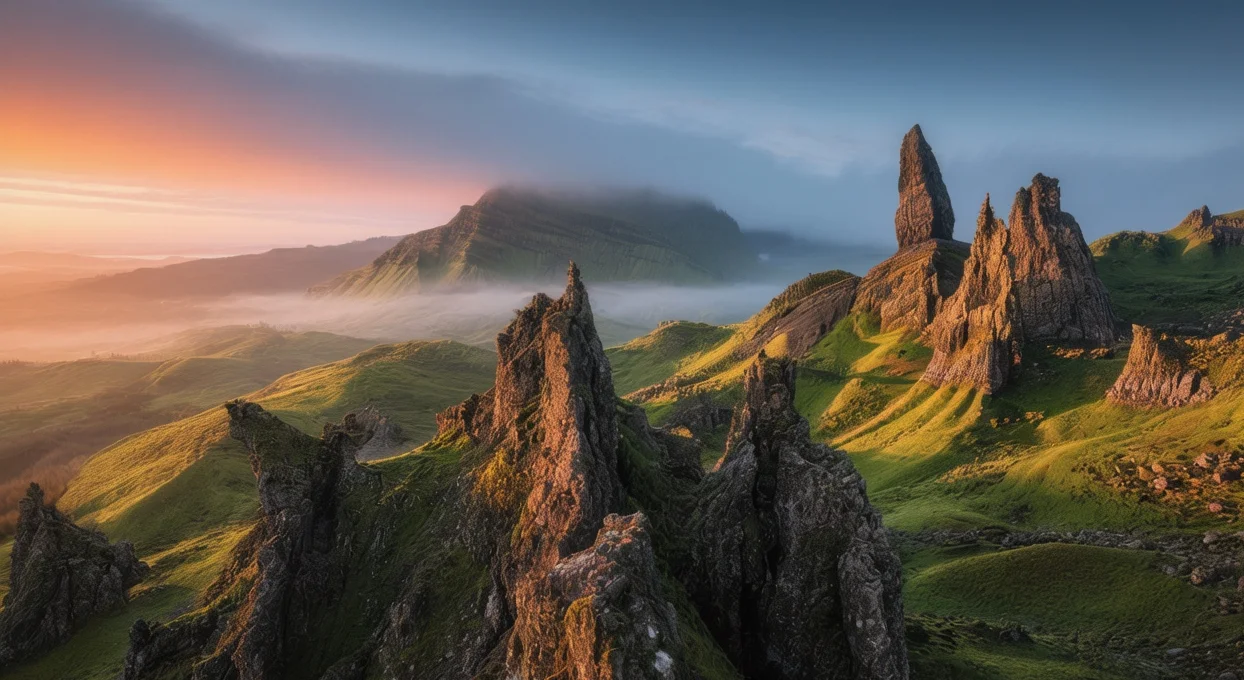 Dramatic Quiraing landslip formations at sunrise with misty Trotternish Ridge and green hills in Isle of Skye Scotland