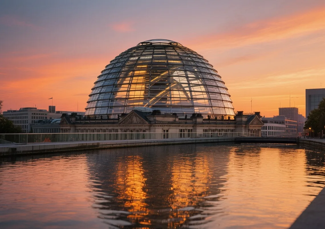 Glass Reichstag Dome at sunset with Berlin skyline, Spree River reflection, and golden light in Germany capital