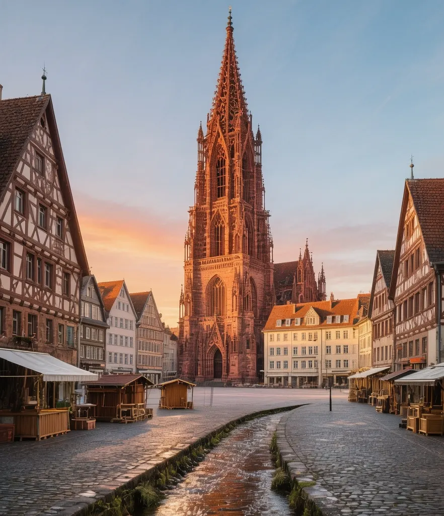 Freiburg old town Münster cathedral at sunrise with red sandstone spire, Bächle streams, and market square in Germany