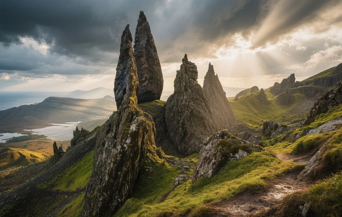 Dramatic Old Man of Storr rock pinnacles at sunrise with misty Trotternish Ridge and green hills in Isle of Skye Scotland