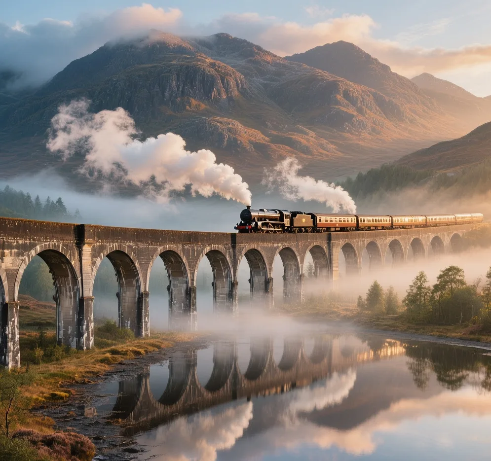 Glenfinnan Viaduct railway bridge at sunrise with steam train crossing, Highland mountains backdrop, and misty loch waters in Scotland