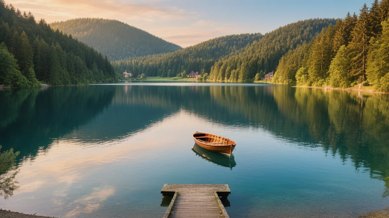 Lake Titisee at sunrise with calm blue water, Black Forest pine trees, and misty mountains in background Germany