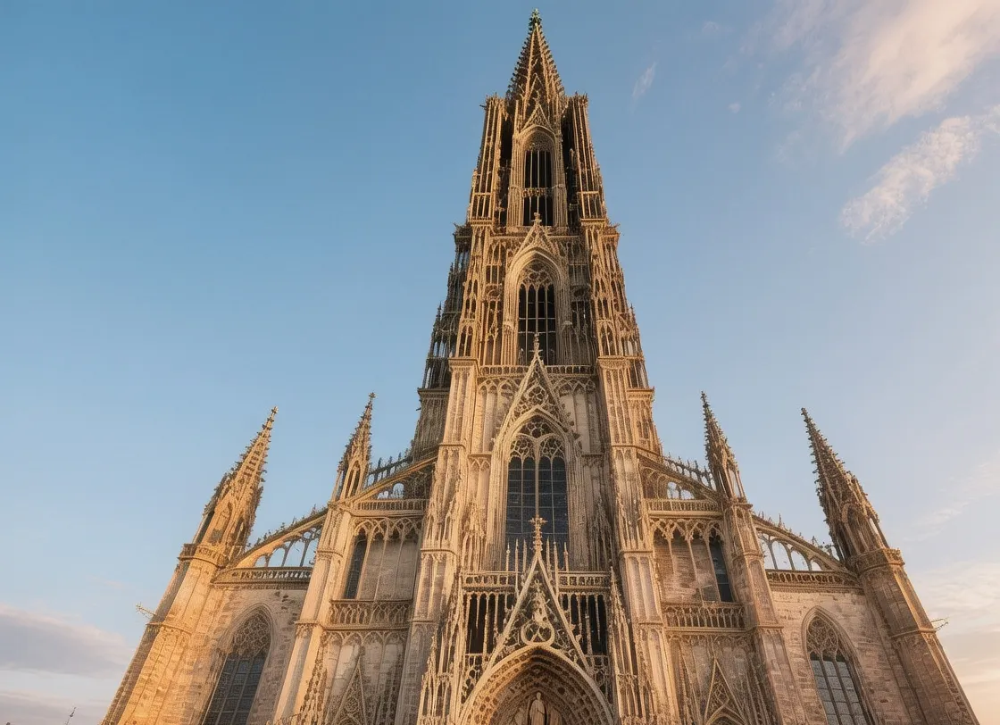 Ulm Minster Gothic spire at sunrise with Danube River reflection, red brick facade, and blue sky in Germany