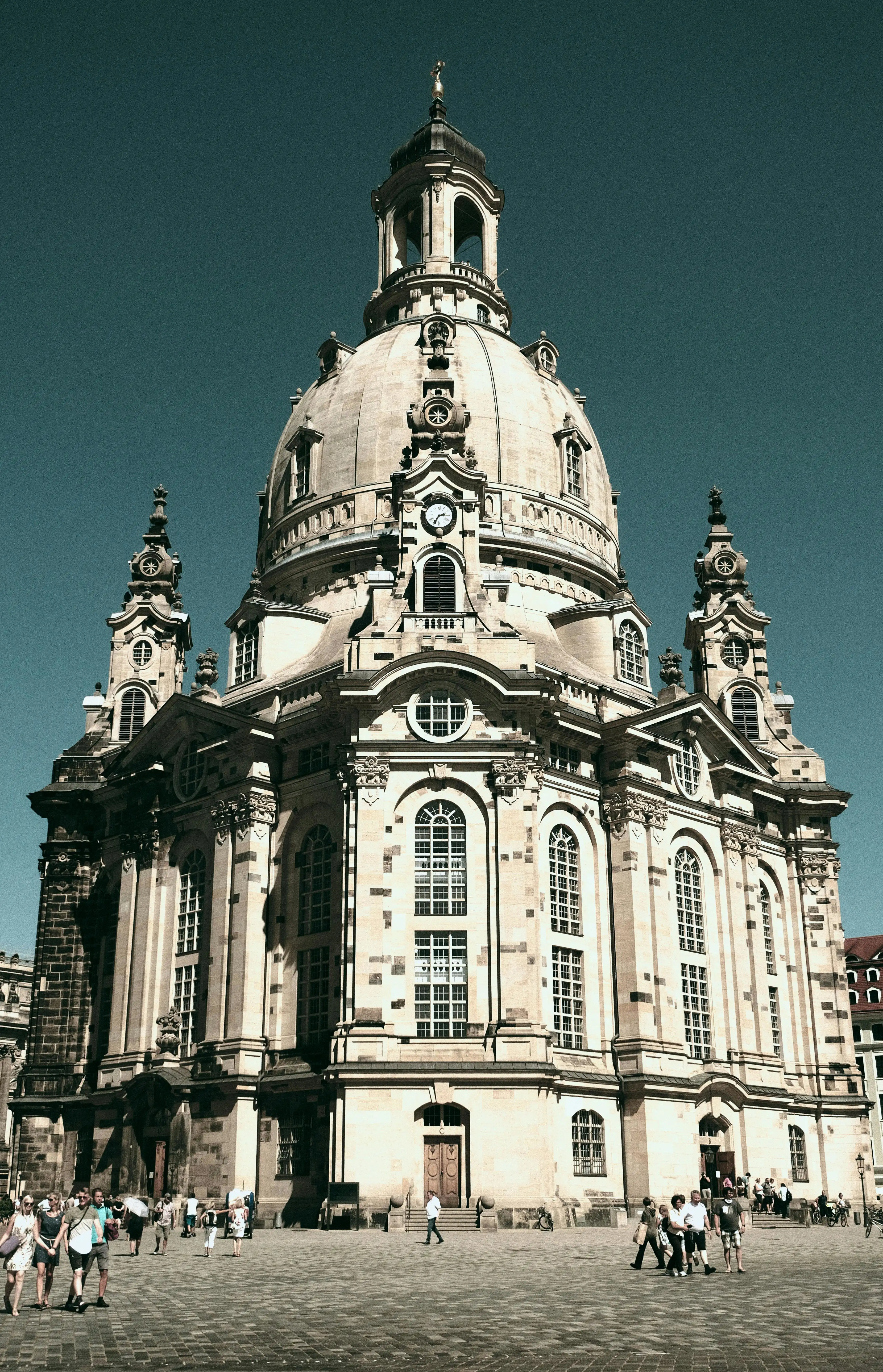 Dresden Frauenkirche baroque dome at sunrise with Neumarkt square, sandstone facade, and Saxon skyline in Germany