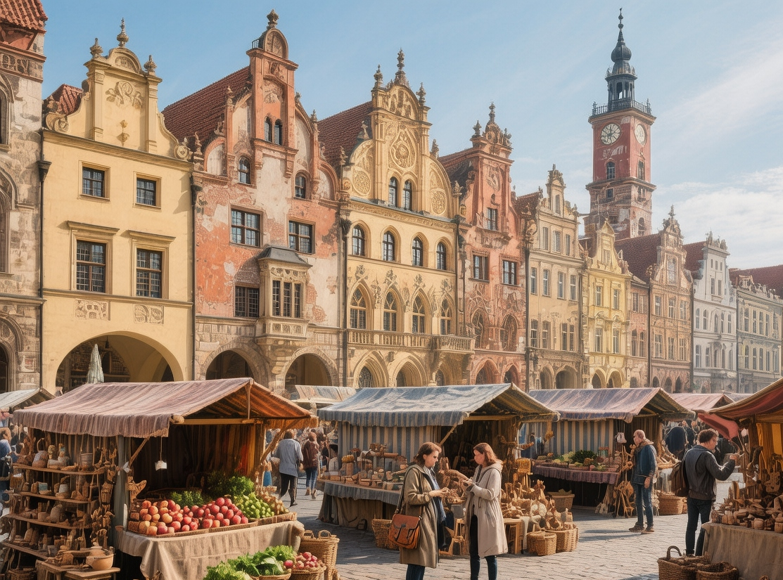 Görlitz Old Town market square at sunrise with Renaissance buildings, cobblestone streets, and morning light in Saxony Germany