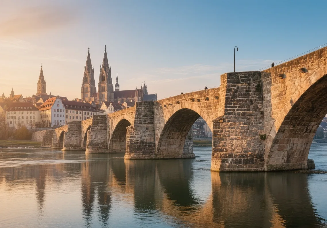 Regensburg Stone Bridge at sunrise with Danube River flow, medieval arches, and historic skyline in Bavaria Germany