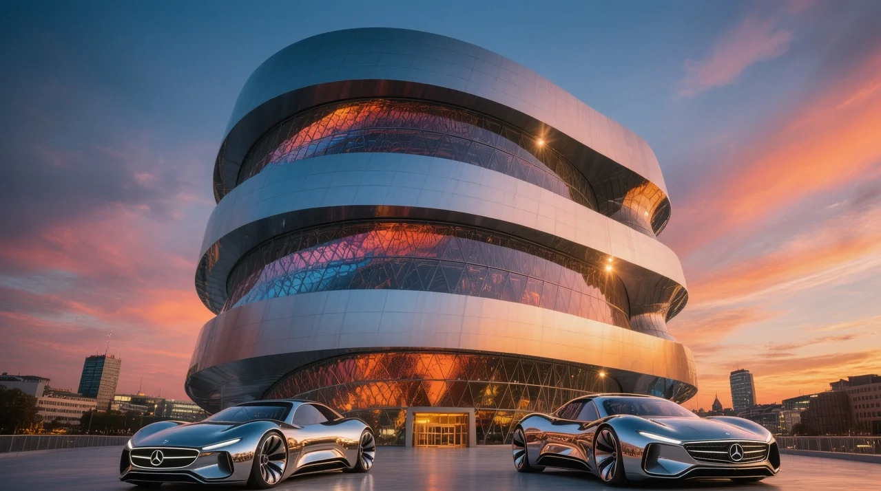 Mercedes-Benz Museum futuristic architecture at sunset with silver cars, glass facade, and Stuttgart skyline in Germany