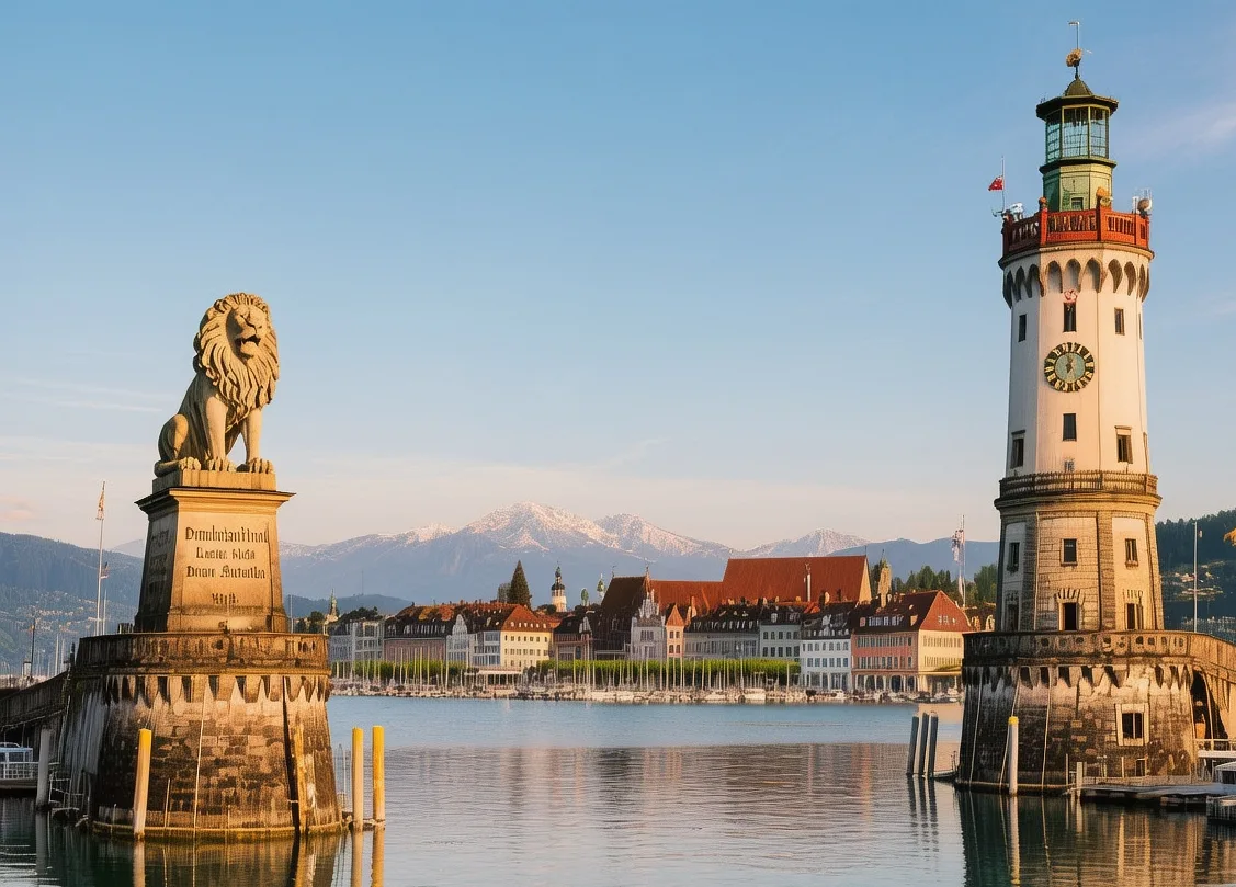Lindau island harbor at sunrise with historic lighthouse, Bavarian Lion statue, and Lake Constance waters in Germany