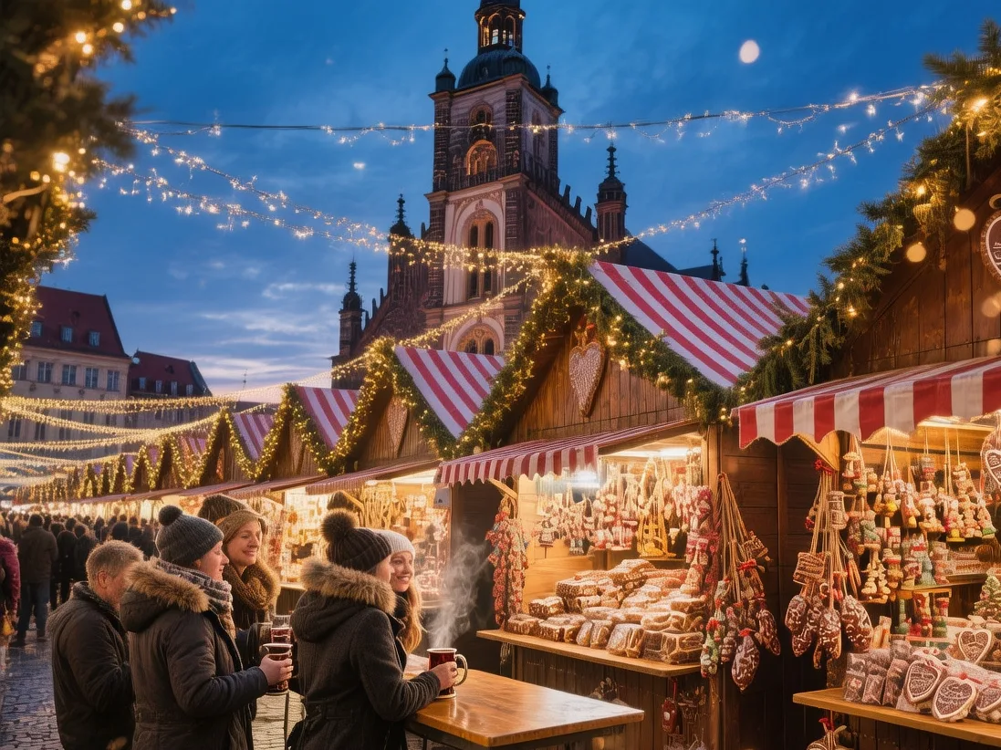 Nuremberg Christmas market at dusk with glowing wooden stalls, festive lights, and snow-dusted medieval buildings in Germany