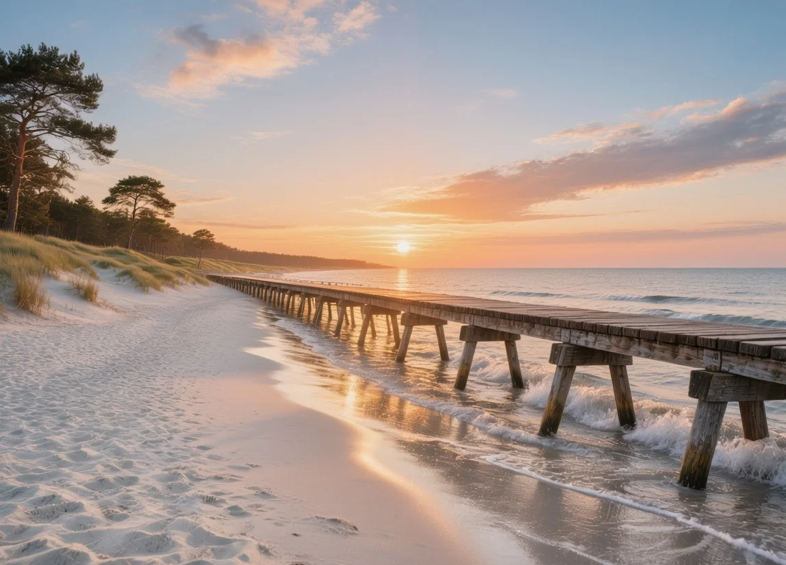 Usedom island white sand beaches at sunrise with Baltic Sea waves, historic pier, and pine dunes in Germany