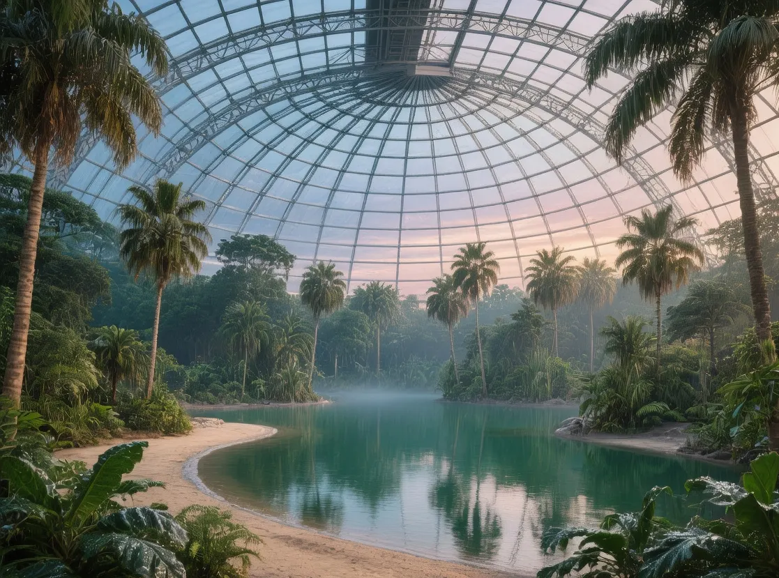 Tropical Islands Resort indoor rainforest at dawn with palm trees, lagoon, and glass dome in Brandenburg Germany