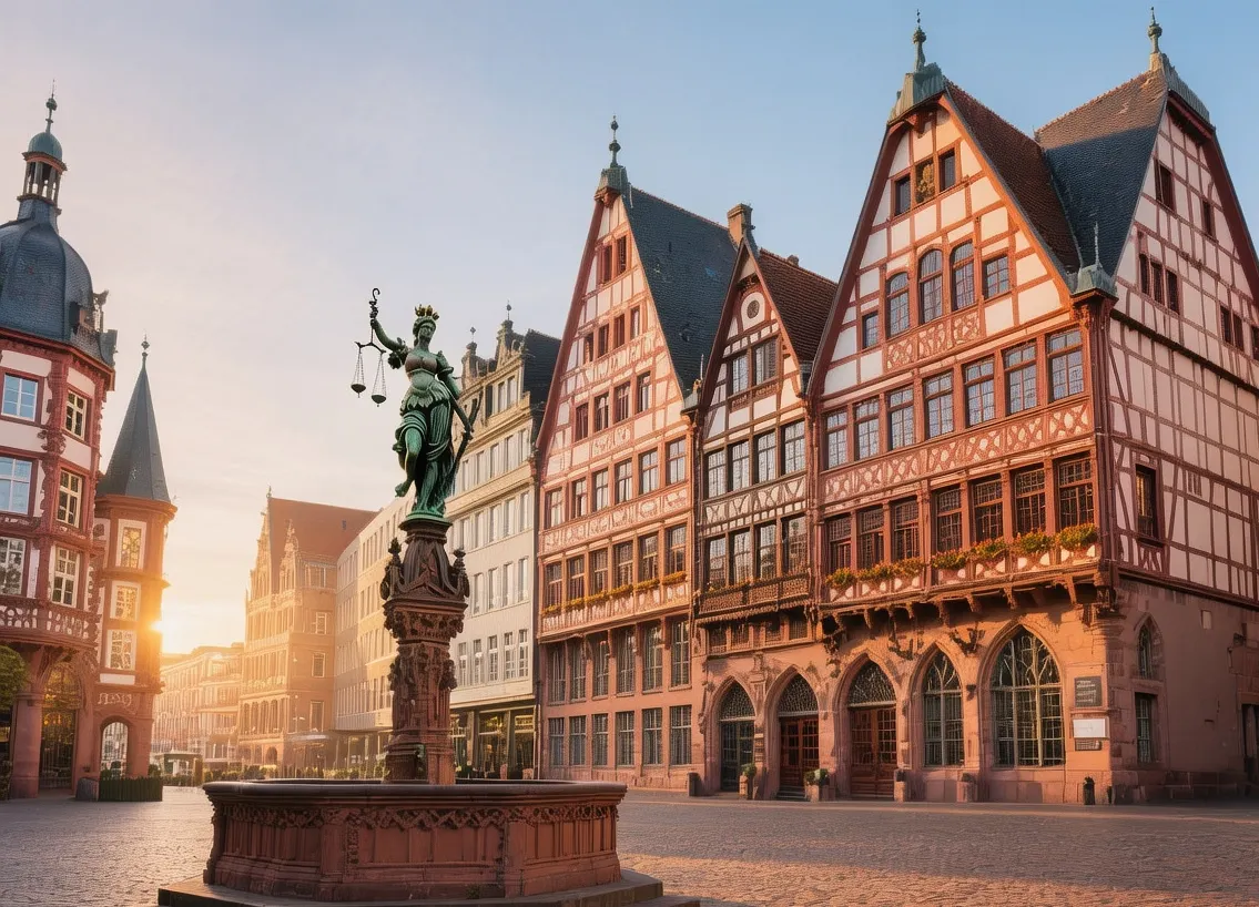 Frankfurt Römer square at sunrise with medieval gabled facades, Fountain of Justice, and historic city hall in Germany