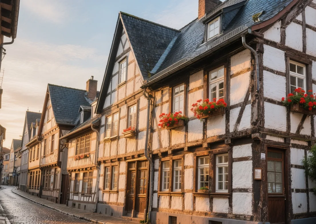 Monschau half-timbered houses along Rur River at sunrise with slate roofs, cobblestone streets, and morning mist in Germany