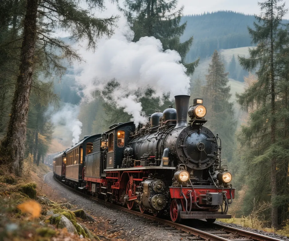 Harz Mountains narrow-gauge railway steam train at sunrise with pine forest, mountain mist, and vintage carriages in Germany