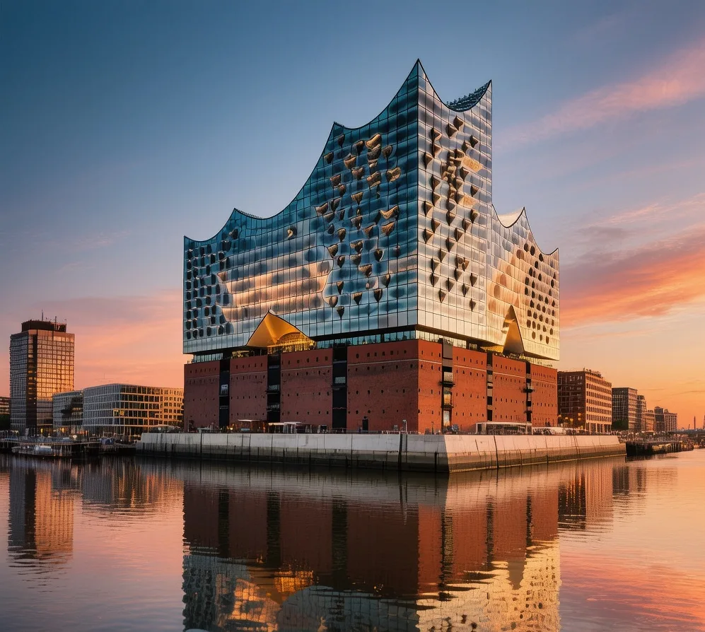 Hamburg Elbphilharmonie glass facade at sunset with Elbe River reflection, curved roof, and HafenCity skyline in Germany