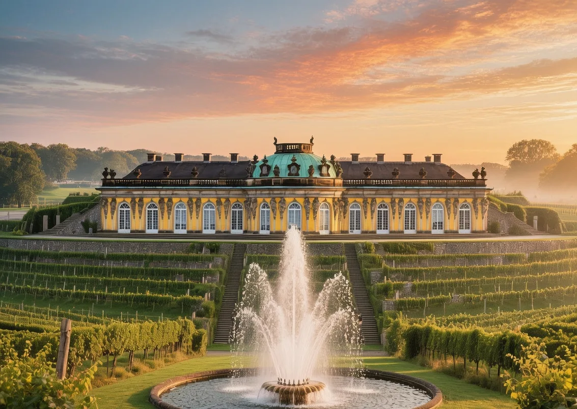Sanssouci Palace yellow facade at sunrise with terraced vineyards, fountains, and Potsdam parkland in Germany