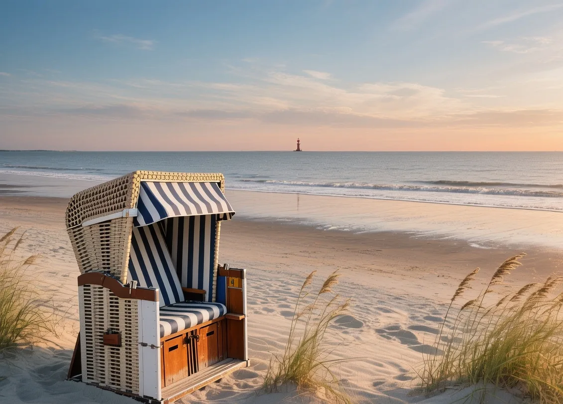 Sylt island white sand beaches at sunset with North Sea waves, dunes, and thatched beach huts in Schleswig-Holstein Germany