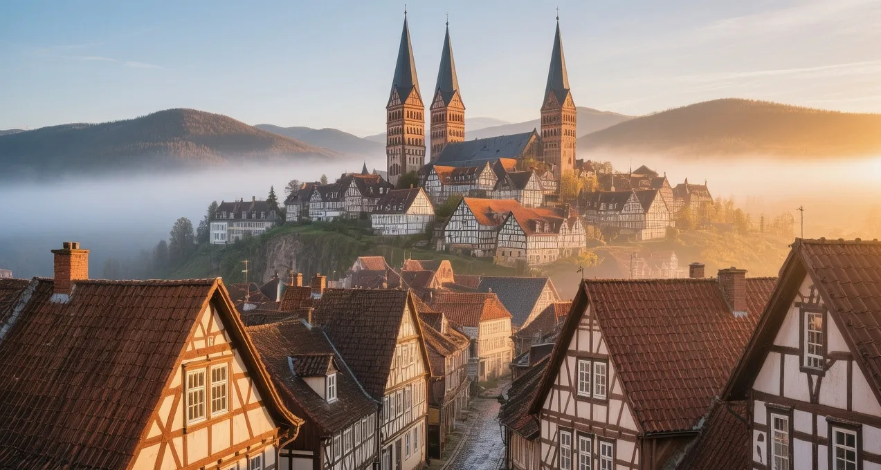 Quedlinburg Castle hill at sunrise with half-timbered houses, collegiate church spire, and Harz Mountains mist in Germany