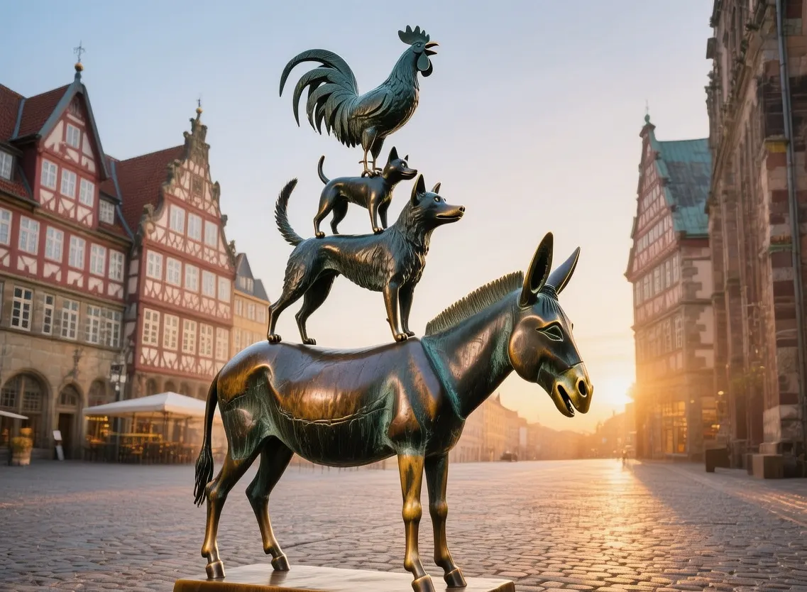 Bremen Town Musicians bronze statue at sunrise with donkey, dog, cat, and rooster figures in market square Germany
