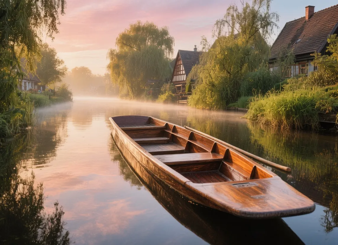 Wooden punting boat in narrow Spreewald canal at sunrise with misty water, lush greenery, and traditional houses in Germany